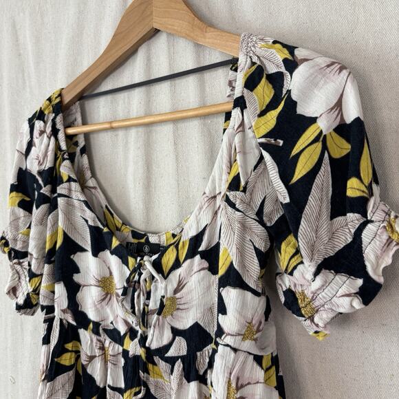 Volcom Floral Baby Doll Top Women Small Black White Yellow‎ Boho Y2K Festival - Picture 2 of 9